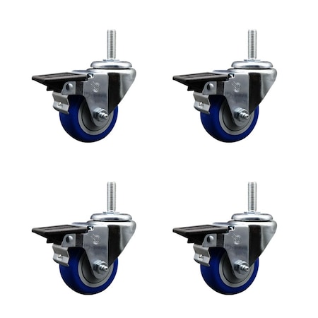 Service Caster 3 Inch Blue Polyurethane Wheel Swivel 58 Inch Threaded Stem Caster Set with Brake SCC SCC-TS20S314-PPUB-BLUE-PLB-58212-4